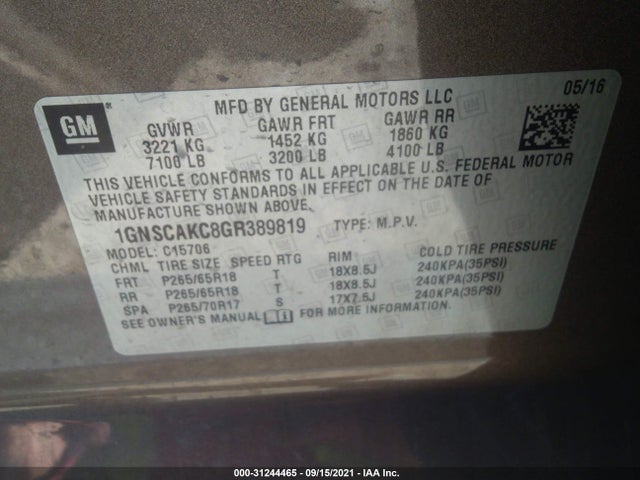2016 Chevrolet Tahoe, VIN: 1GNSCAKC8GR389819