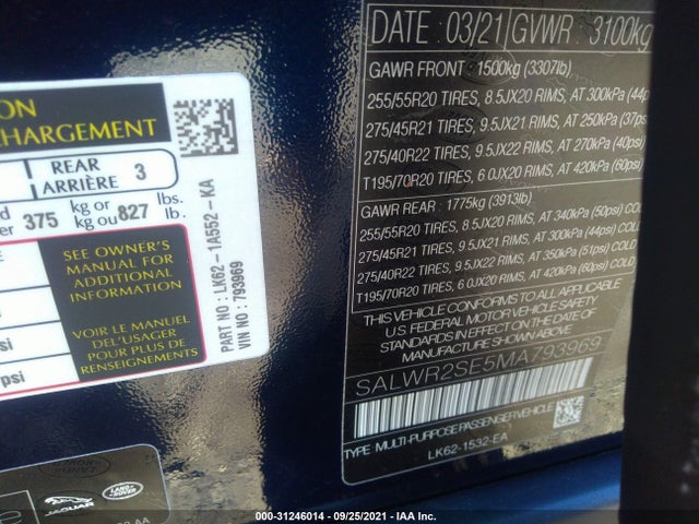 Land Rover RANGE ROVER SPORT 2021 SALWR2SE5MA793969 Image 10