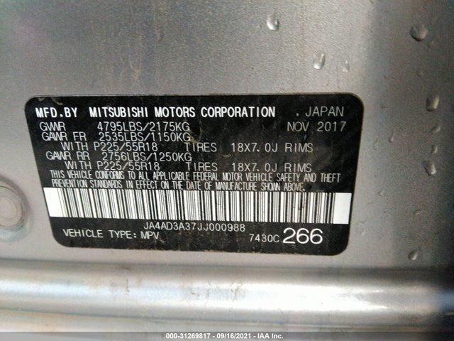 JA4AD3A37JJ000988 Mitsubishi Outlander Se/sel/le