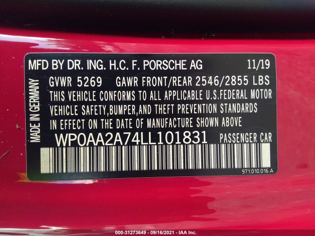 2020 Porsche Panamera, VIN: WP0AA2A74LL101831
