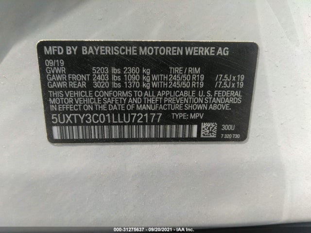BMW X3 Sdrive30i 2020 5UXTY3C01LLU72177 Image 9