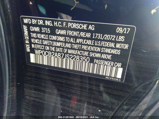 2018 Porsche 718, VIN: WP0CB2A87JS228350
