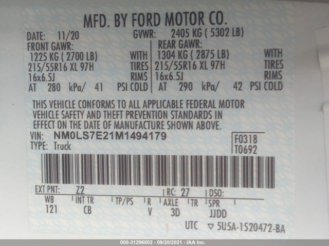 2021 Ford Transit Connect, VIN: NM0LS7E21M1494179