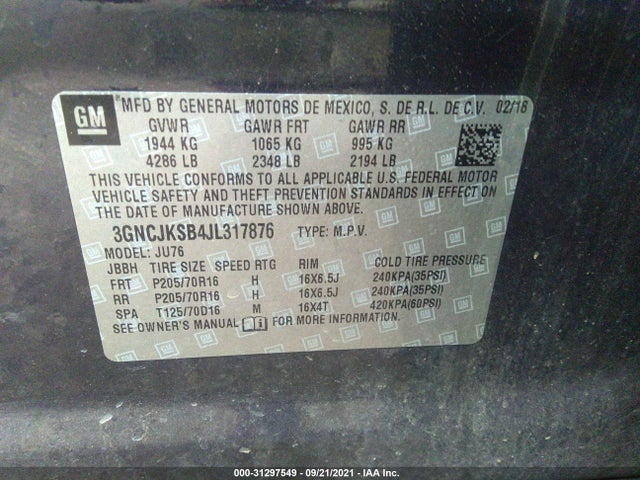 Chevrolet TRAX LS 2018 3GNCJKSB4JL317876 Image 9