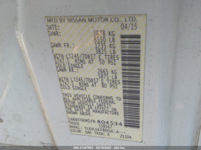 2015 Nissan NV, VIN: 1N6BF0KM1FN804534