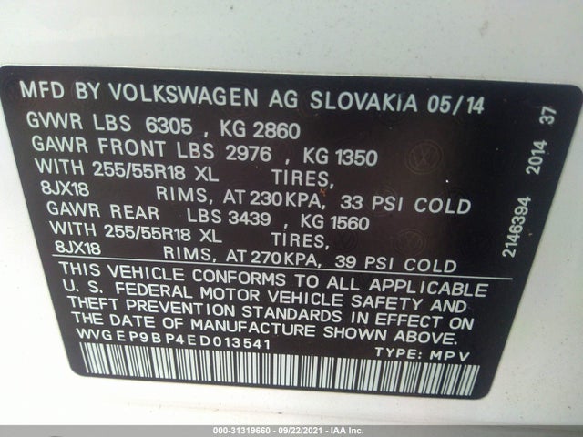2014 Volkswagen Touareg, VIN: WVGEP9BP4ED013541