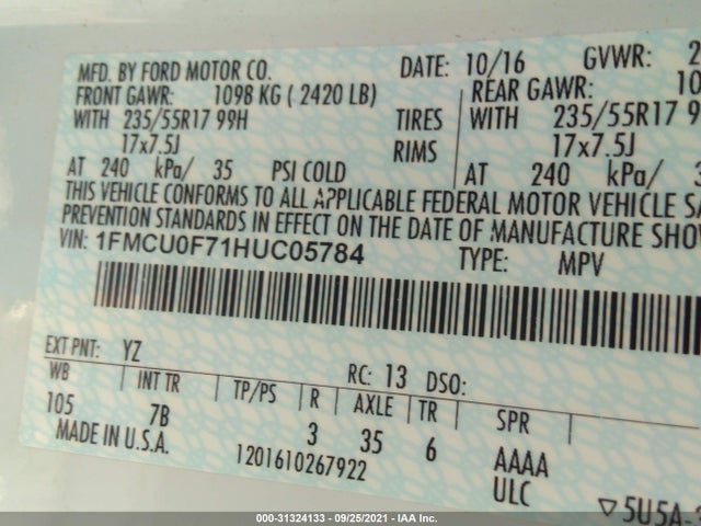 2017 Ford Escape, VIN: 1FMCU0F71HUC05784