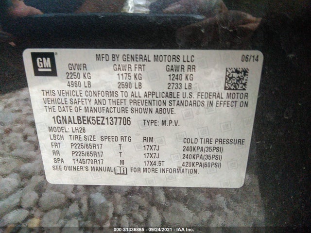 Chevrolet EQUINOX LT 2014 1GNALBEK5EZ137706 Image 10