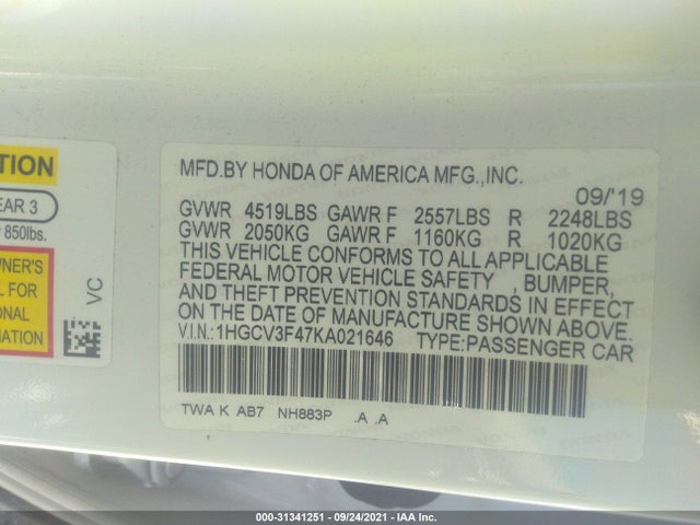 2019 Honda Accord, VIN: 1HGCV3F47KA021646