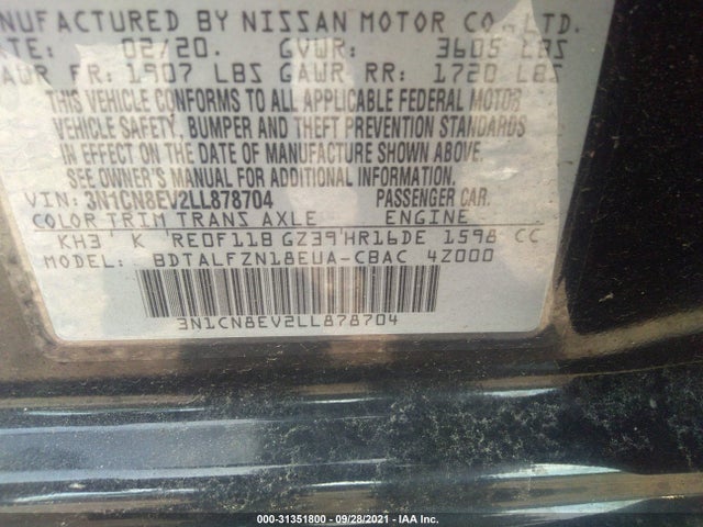 2020 Nissan Versa, VIN: 3N1CN8EV2LL878704