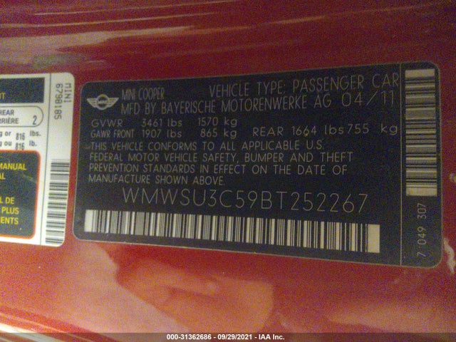 WMWSU3C59BT252267 Mini COOPER HARDTOP