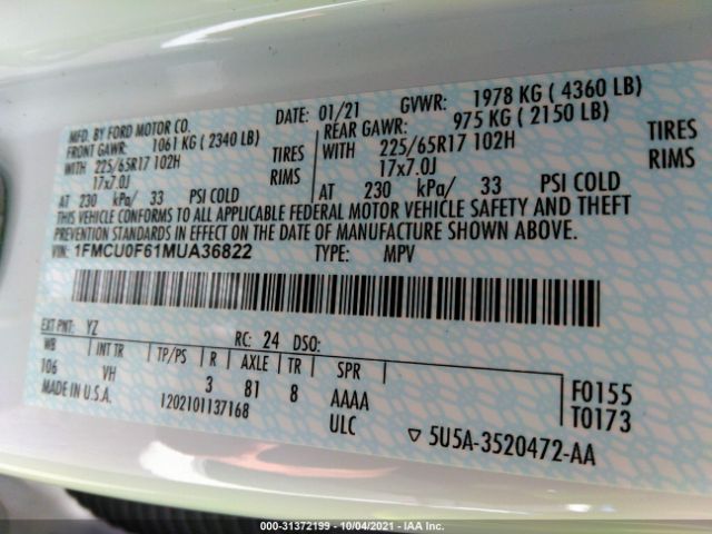 1FMCU0F61MUA36822 Ford ESCAPE S
