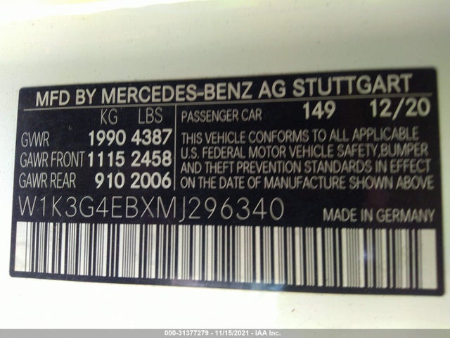 2021 Mercedes-Benz A-Class, VIN: W1K3G4EBXMJ296340