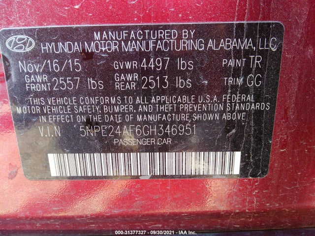 Hyundai Sonata 2.4l Se 2016 5NPE24AF6GH346951 Image 10