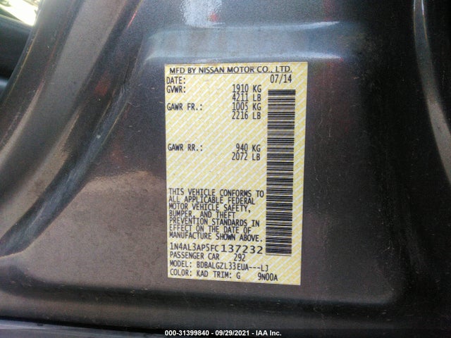 2015 NISSAN ALTIMA VIN: 1N4AL3AP5FC137232