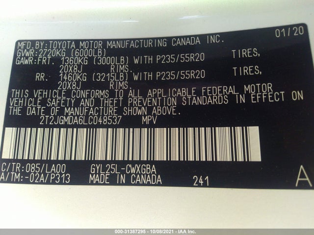 2020 Lexus RX, VIN: 2T2JGMDA6LC048537