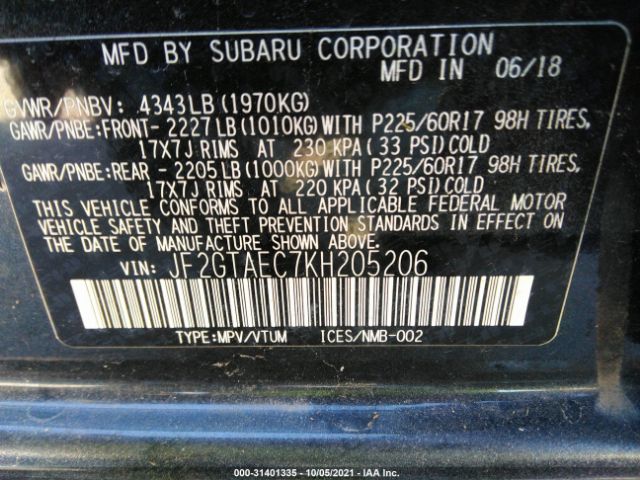 JF2GTAEC7KH205206 Subaru Crosstrek Premium