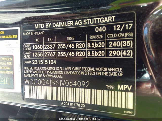 2018 Mercedes-Benz GLC-Class, VIN: WDC0G4JB6JV064092