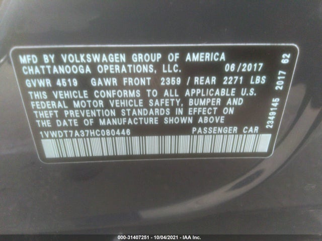 1VWDT7A37HC080446 Volkswagen Passat R-line W/comfort Pkg