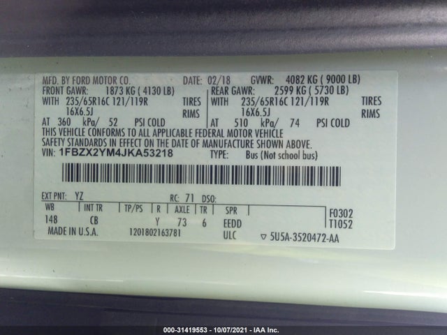 2018 Ford Transit, VIN: 1FBZX2YM4JKA53218