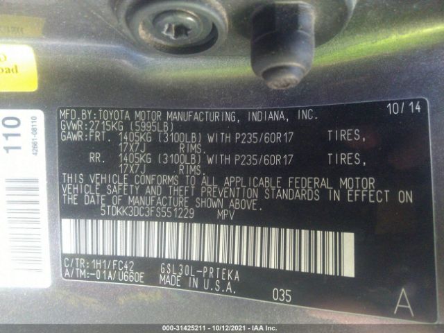 Toyota SIENNA LE 2015 5TDKK3DC3FS551229 Image 11