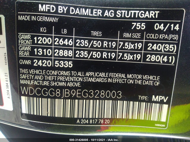 2014 Mercedes-Benz GLK-Class, VIN: WDCGG8JB9EG328003