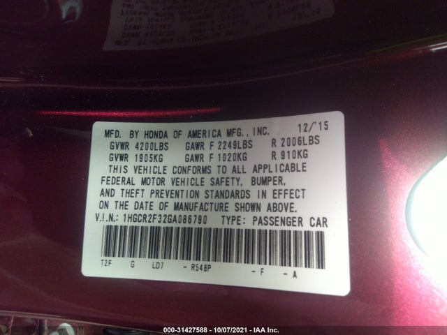 2016 HONDA ACCORD SEDAN LX VIN: 1HGCR2F32GA086790