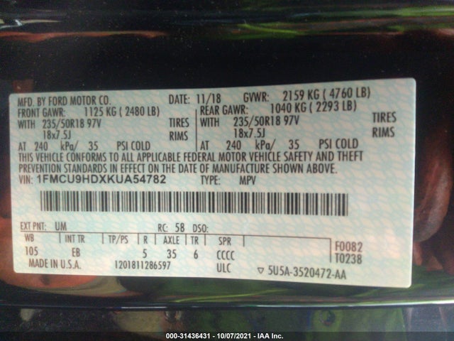 Ford ESCAPE SEL 2019 1FMCU9HDXKUA54782 Image 10