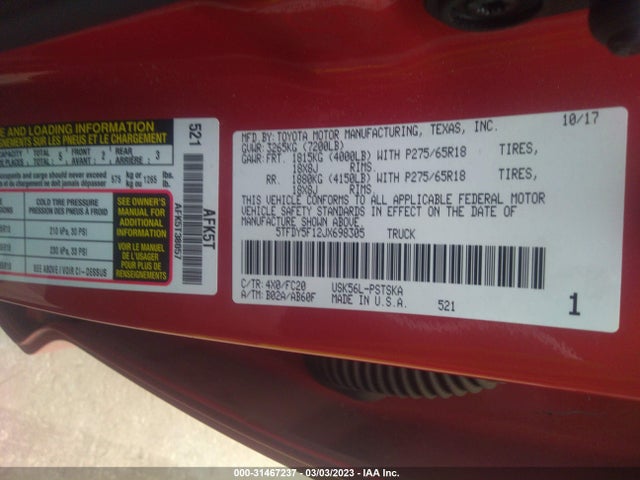 2018 Toyota Tundra, VIN: 5TFDY5F12JX698305