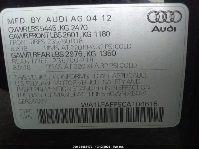 WA1LFAFP9CA104615 Audi Q5