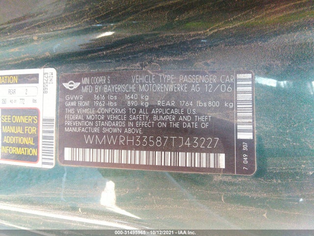 2007 MINI COOPER S WMWRH33587TJ43227 Photo 8