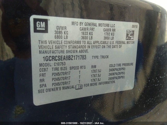2011 CHEVROLET SILVERADO 1500 LT VIN: 1GCRCSEA8BZ171783