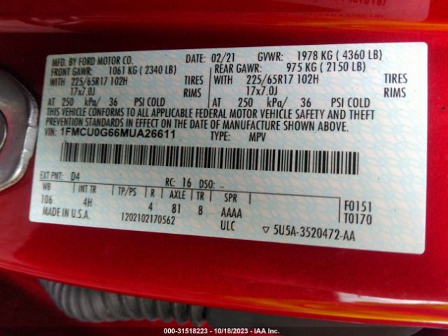 1FMCU0G66MUA26611 Ford ESCAPE SE