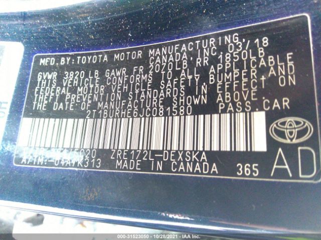 2T1BURHE6JC081580 Toyota COROLLA SE