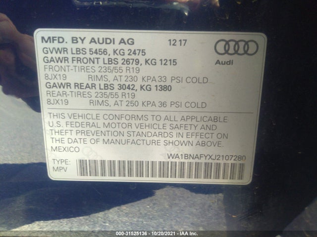 2018 AUDI Q5 PREMIUM PLUS VIN: WA1BNAFYXJ2107280