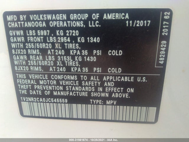 1V2NR2CA0JC545559 Volkswagen Atlas 3.6l V6 Sel Premium