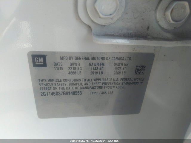 2016 CHEVROLET IMPALA LTZ VIN: 2G1145S37G9140553