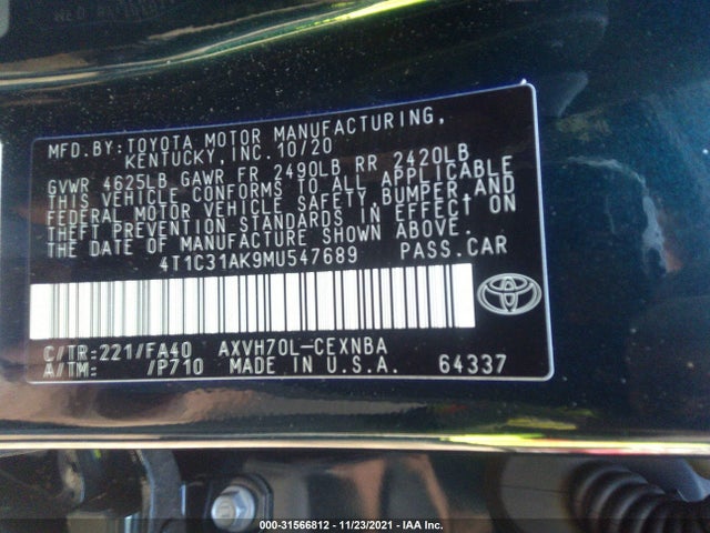 2021 Toyota Camry, VIN: 4T1C31AK9MU547689