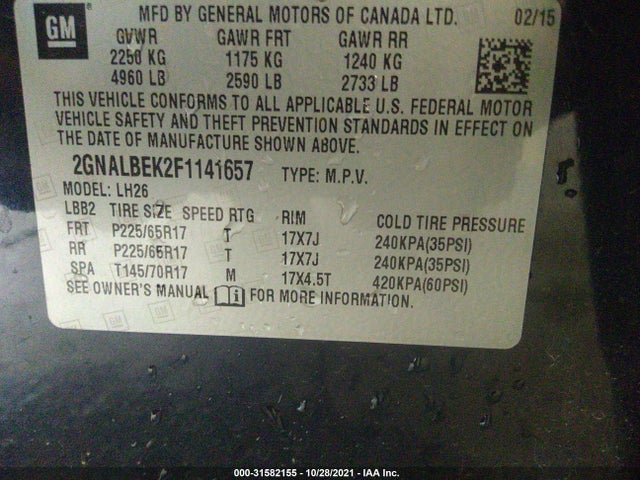 Chevrolet EQUINOX LT 2015 2GNALBEK2F1141657 Image 14