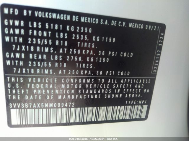 3VV3B7AX5NM009472 Volkswagen Tiguan 2.0t Se