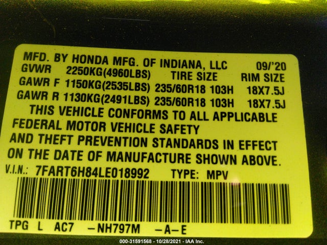 2020 Honda CR-V, VIN: 7FART6H84LE018992