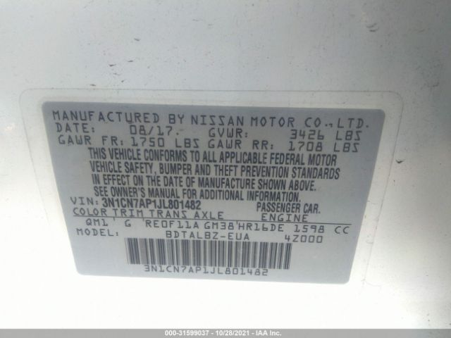3N1CN7AP1JL801482 Nissan Versa 1.6 Sv