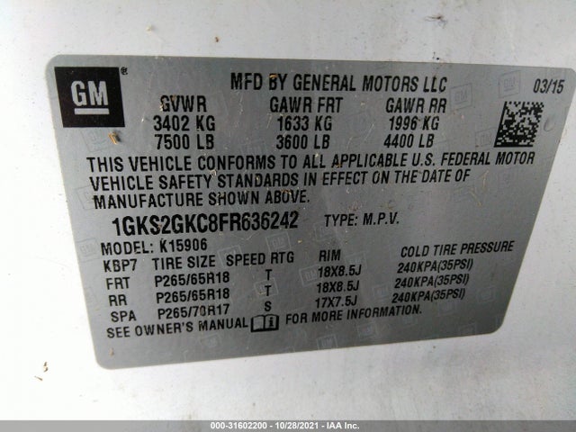 2015 GMC Yukon XL, VIN: 1GKS2GKC8FR636242
