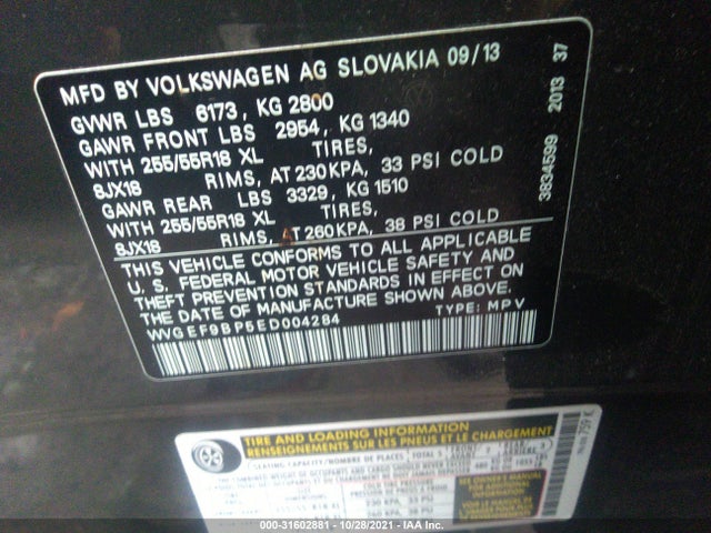 2014 Volkswagen Touareg, VIN: WVGEF9BP5ED004284