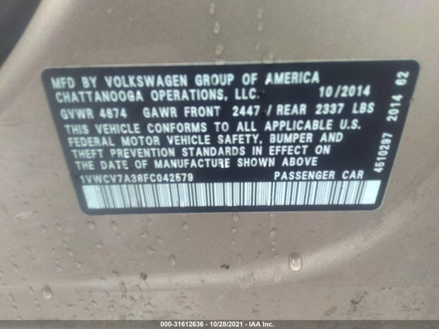 2015 Volkswagen CC, VIN: 1VWCV7A38FC042579
