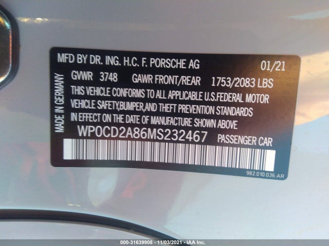 2021 Porsche 718, VIN: WP0CD2A86MS232467