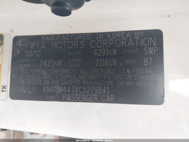 Aukcja sprzedaży 2012 Kia Optima Lx, vin: KNAGM4A7XC5279841, numer aukcji: 31666747
