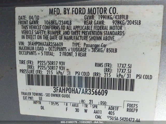 2010 FORD FUSION SE VIN: 3FAHP0HA7AR356609