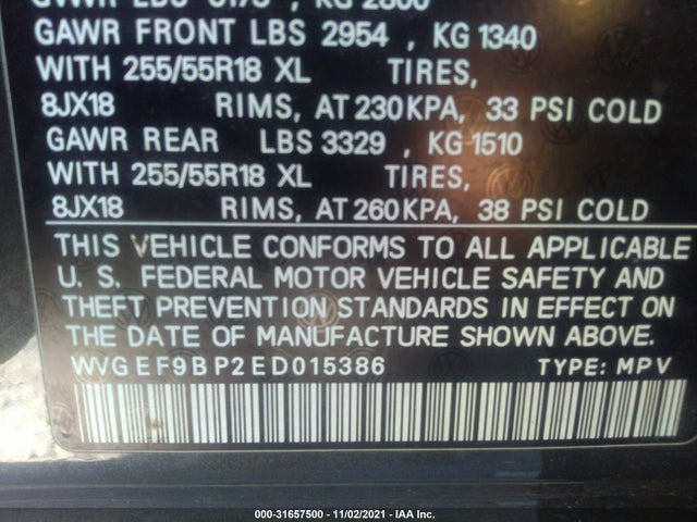 2014 Volkswagen Touareg, VIN: WVGEF9BP2ED015386