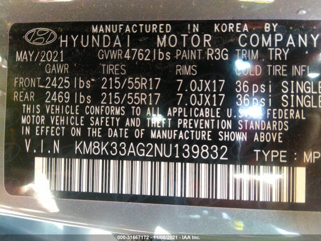 2022 Hyundai Kona, VIN: KM8K33AG2NU139832